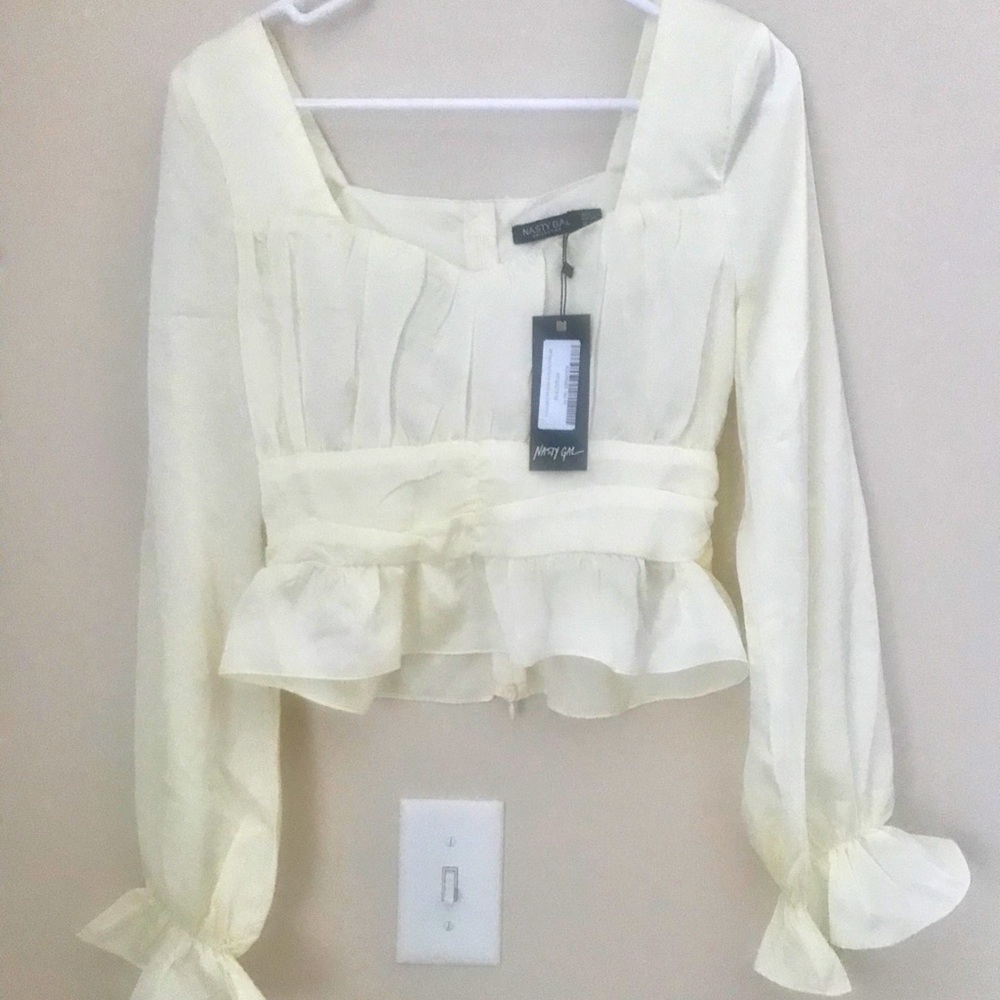 Nasty Gal | Cream satin ruffle sleeve blouse, NWT